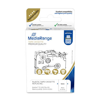 MediaRange Plastic tape cassette, for label printers using Brother TZ-231/TZe-231, permanent adhesive, 12mm, 8m, laminated, black on white