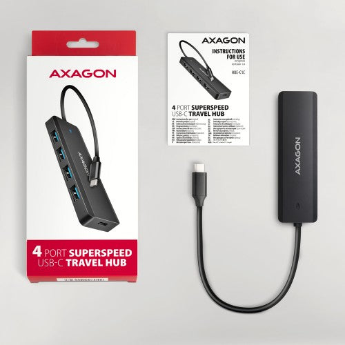 Axagon HUE-C1C 4x USB 5Gbps TRAVEL hub, USB-C power IN, 19cm USB-C cable