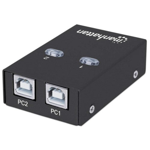 Manhattan USB-A Automatic Sharing Switch, 2x USB-B Ports, 480 Mbps (USB 2.0), Dual Control (Auto-Sensing or Manual), Bus Powered, Hi-Speed USB, inc 1x 1.5m USB-A to USB-B cable, Black, Three Year Warranty