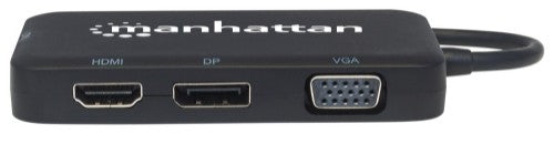 Manhattan USB-C Dock/Hub, Ports (x4): DisplayPort, DVI-I, HDMI or VGA, Note: Only One Port can be used at a time, External Power Supply Not Needed, Universal for all devices, Cable 8cm, Black, Three Year Warranty