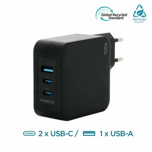 Mobilis Charger 100W 2USB C 1USBA GaN cable 100W Laptop, Smartphone, Tablet Black AC Indoor