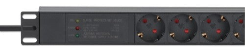 Intellinet 19" 1U Rackmount 7-Output Power Distribution Unit (PDU) / Surge Protector, EU CEE 7/3 Outlets, 500 Joule/19,500 A Surge Protection, Built-in 3 m Power Cord with EU CEE 7/7 Plug, 16 A, Horizontal Mount, Aluminum, Black