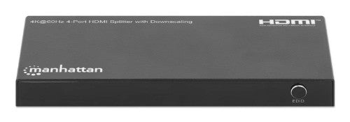 Manhattan HDMI Splitter with downscaling 4-Port , 4K@60Hz, Displays output from x1 HDMI source to x4 HD displays (same output to four displays), Downscale button to adjust a 4K input signal into 1080p, Micro-USB to USB-A power cable included (cable 0.8m),